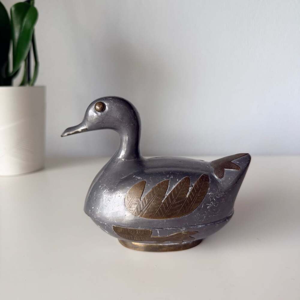 Vintage Pewter Duck Trinket Box with Brass Accents Made in Hong Kong